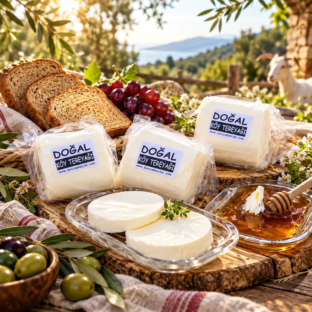 Ahşap sofrada köy tereyağı, ekmek, üzüm, bal ve zeytin; arkada zeytinlik ve deniz manzarası
