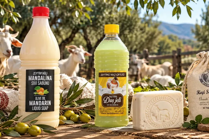 Mandalinalı sıvı sabun ve duş jeli şişeleri, yanında keçi sütlü kalıp sabun