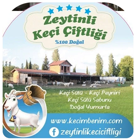Zeytinli Keçi Çiftliği etiketi, çiftlik binası ve çayırda otlayan keçiler