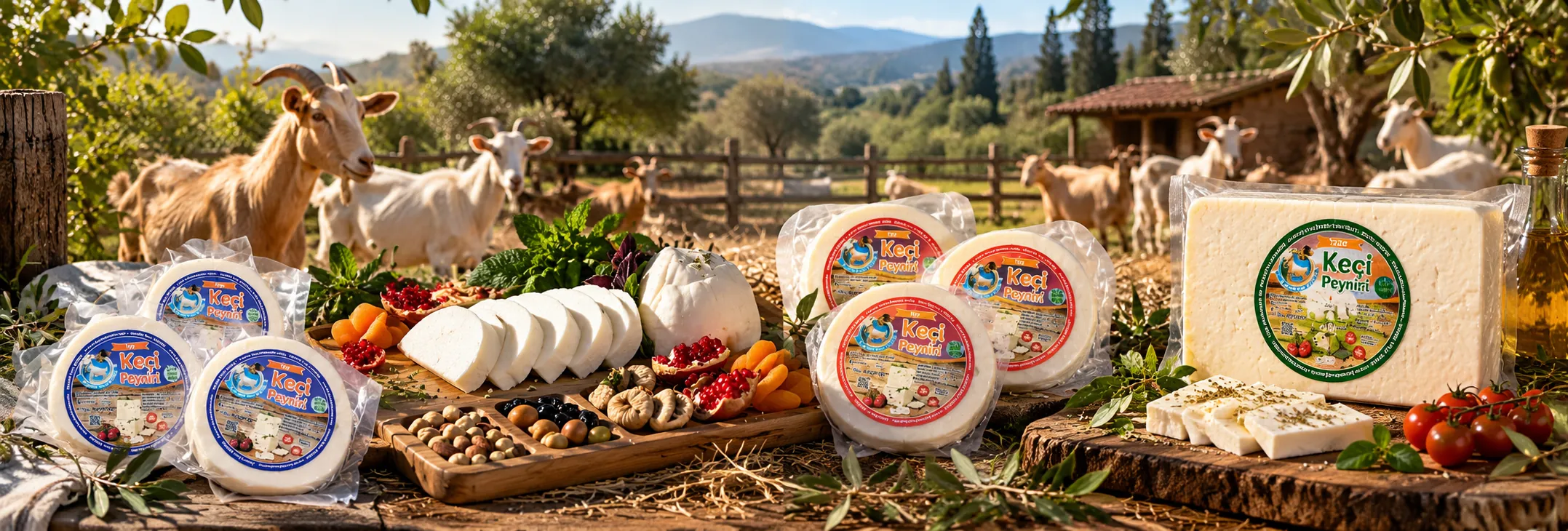 Zeytin ağaçları arasındaki çiftlikte otlayan keçiler