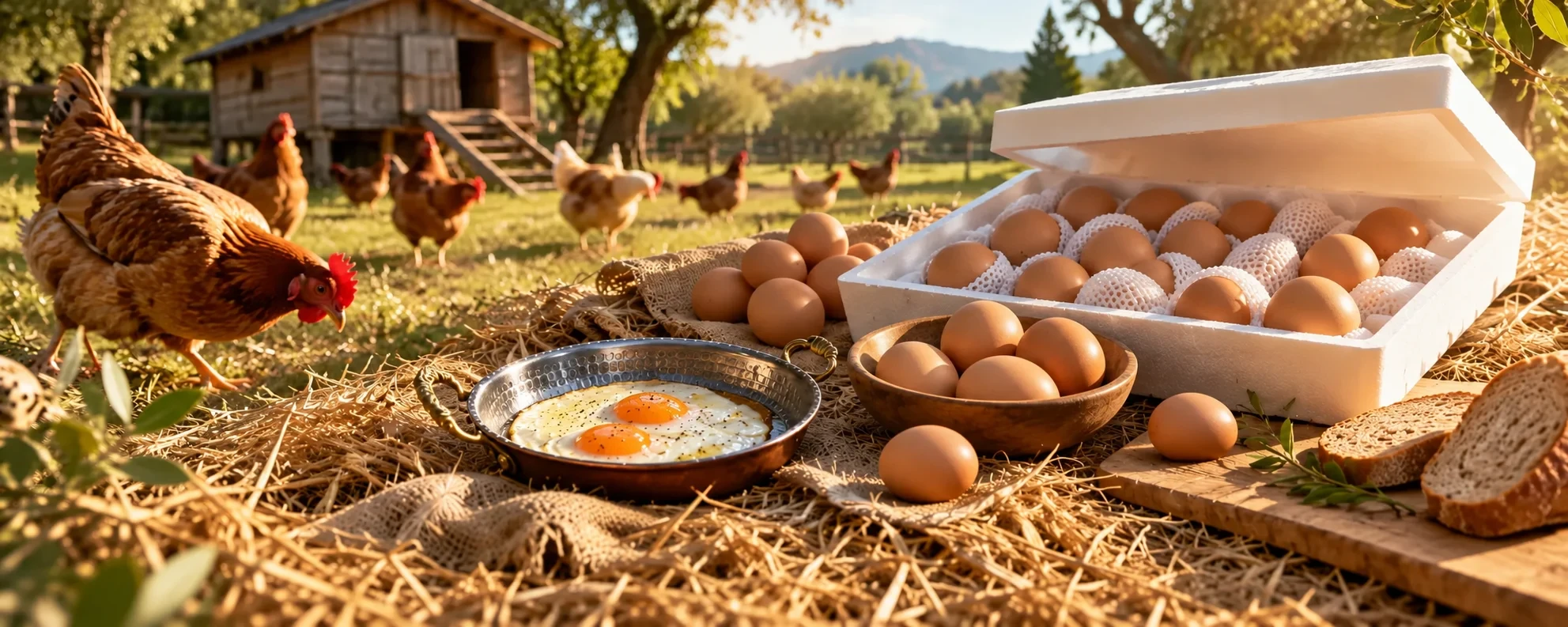 Gün ışığında gezen tavuklar; önünde tavada sahanda yumurta, bıldırcın yumurtaları ve köpük kutuda paketlenmiş taze yumurtalar